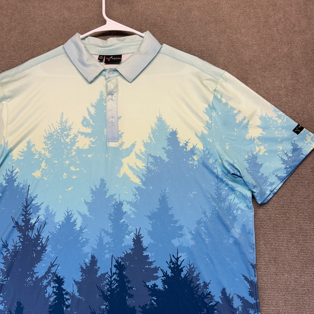 Yatta Golf Performance Polo Shirt Men's XL Blue Ombre Trees Forest Landscape